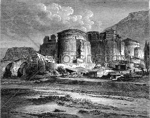 Pergamum, The old church of St John, which is supposed to built on the ruins of the Temple of Aesculapius, vintage engraved illustration. Magasin Pittoresque 1880.
