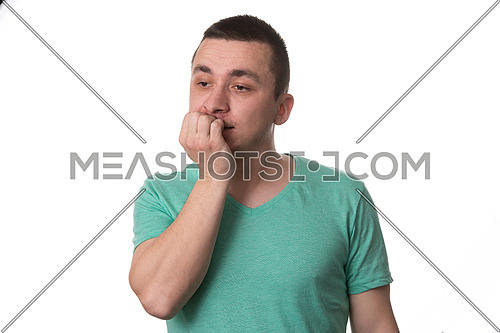 Portrait Of Thinking Man With Fingers In Mouth - Biting Fingernail - Negative Emotion - Facial Expression - Isolated On White Background