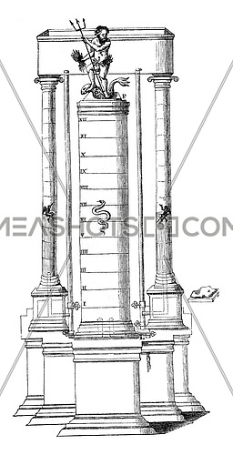 Hydro-magnetic Clock Fountain P Valentin Stansel, vintage engraved illustration. Magasin Pittoresque 1847.