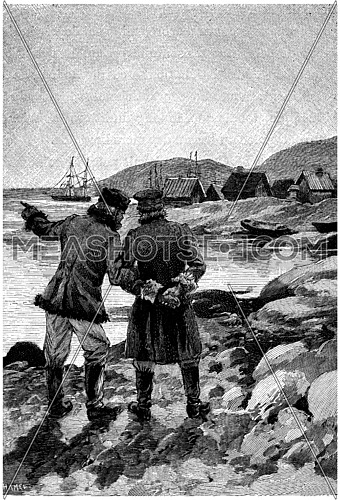 Two men were talking to the extremity of the port, vintage engraved illustration. Jules Verne Cesar Cascabel, 1890.