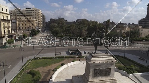 Orbit shot for Ibrahim Pasha Statue at Opera Square in Cairo Downtown empty streets uring the corona pandemic lockdown by day 10 Apri