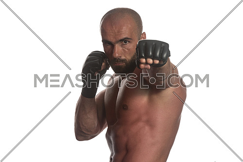 Muscular Sports Guy Boxing Workout Over White Background Isolated