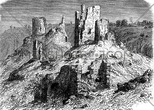 Fortress ruins of Crozant, vintage engraved illustration. Magasin Pittoresque 1880.