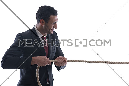 Business man pulling and bond tied with rope  concept  isolated on white background in studio