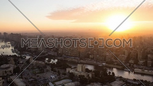 Panorama shot timelapse for Cairo showing The River Nile and Kasr El Nile Bridge at sunrise.