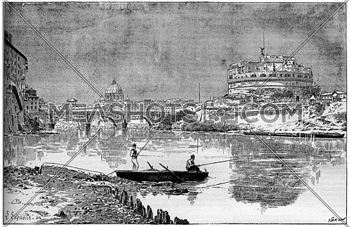 Old engraved illustration of a beautiful view of the ancient Adrian Mole, today known as St. Angel Castle in Rome from the river Tiber. Dictionary of words and things - Larive and Fleury ? 1895