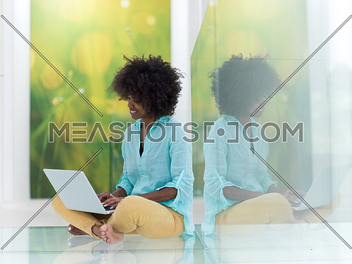 beautiful young african american women using laptop computer on the floor at home