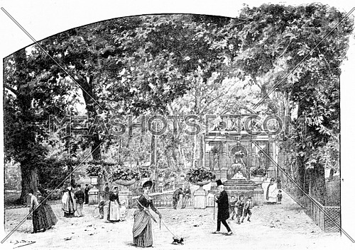 Cave and fountain of Marie de Medici, vintage engraved illustration. Paris - Auguste VITU â 1890.