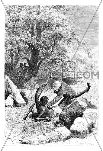 The Major Overpowers and Disarms Palanca, in Angola, Southern Africa, drawing by Bayard based on a sketch by Serpa Pinto, vintage engraved illustration. Le Tour du Monde, Travel Journal, 1881