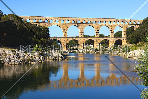 Pont du Gard, an ancient Roman aqueduct bridge that crosses the Gardon River in Provence, Southern France