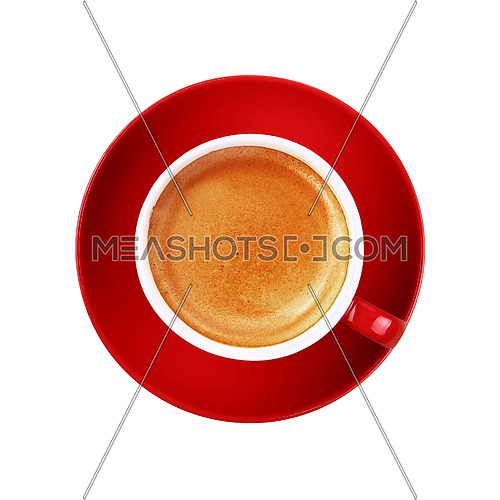 Full big cup of espresso coffee with brown crema froth on red porcelain saucer isolated on white background, close up, elevated top view, directly above