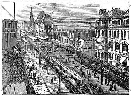 View of the Metropolitan Railway of New York, vintage engraved illustration. Industrial encyclopedia E.-O. Lami - 1875.