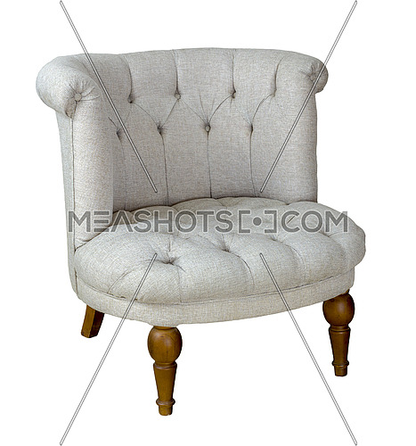Vintage furniture: French grey tub chair with wooden legs isolated on white background including clipping path