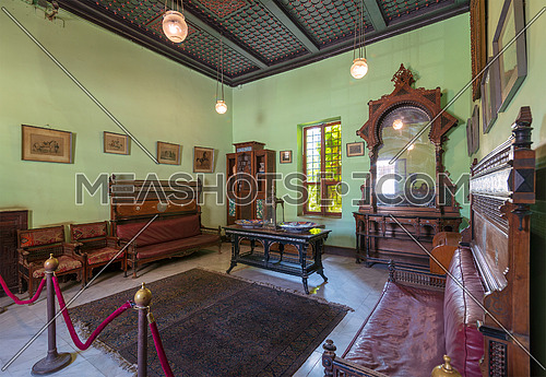 Historical Manial Palace of Prince Mohammed Ali. Ceremonies Room with vintage furniture, Cairo, Egypt - Open for the public
