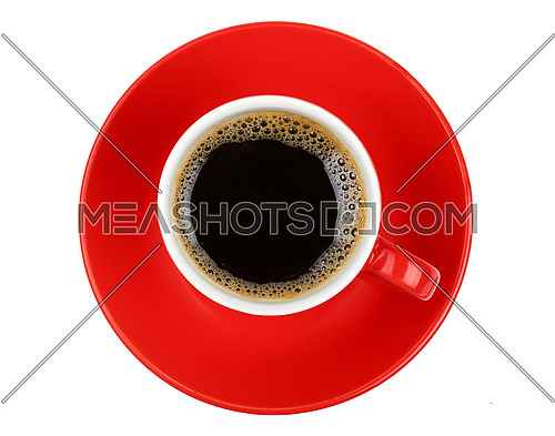 One full morning Americano black coffee with froth edge in small red cup with saucer isolated on white background, top view