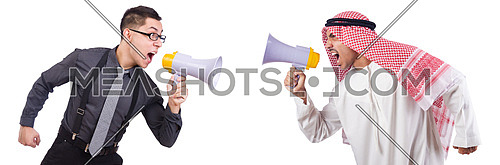 Arab man shouting through loudspeaker isolated on white