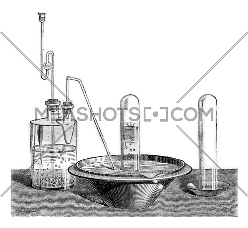 Preparation of nitrogen dioxide, vintage engraved illustration. Magasin Pittoresque 1870.