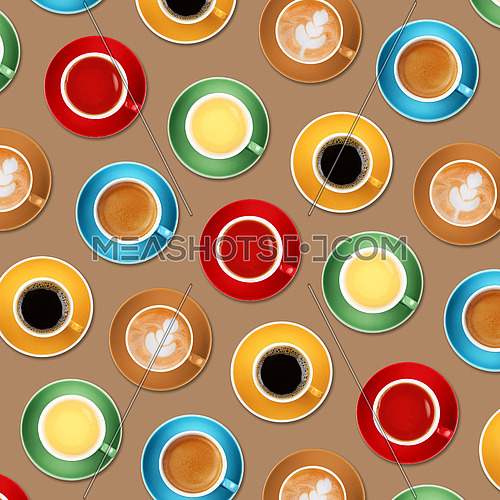 Pattern of different coffee (espresso, cappuccino, americano, instant, roasted beans) and tea (black, green and oolong) cups over beige background