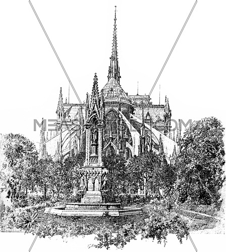 Square of the Archdiocese and apse of Notre Dame, vintage engraved illustration. Paris - Auguste VITU â 1890.