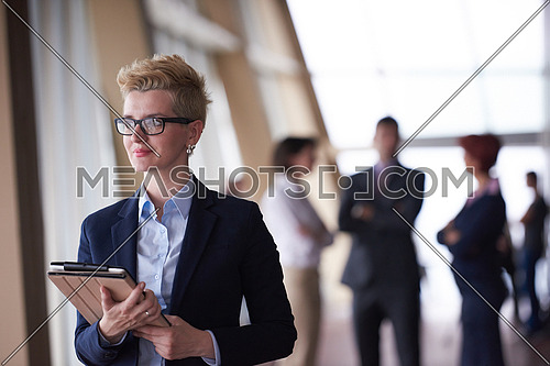 Smilling young business woman with tablet computer  in front her team blured in background. Group of young business people. Modern bright  startup office interior.