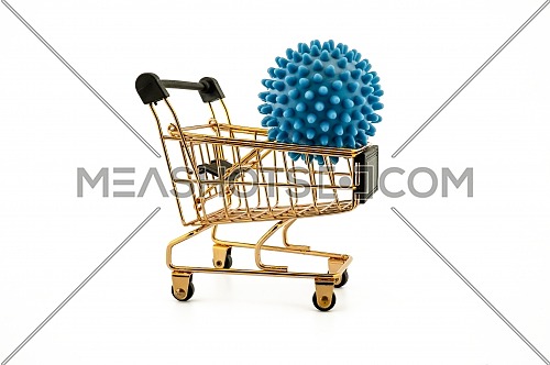 Virus molecule on a shopping cart conceptual of the possibility of infection with corona virus or Covid-19 over a white background