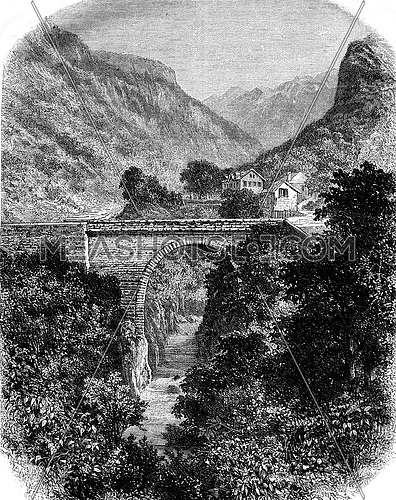 The Hell Bridge, near the Hot Springs and the hamlet of Goust, Lower Pyrenees, vintage engraved illustration. Magasin Pittoresque 1878.