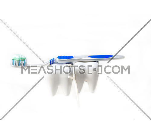 two fake teeth with brush and floss closeup isolated on white