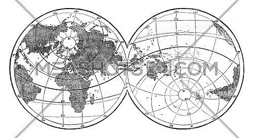 World map featuring evidence the unequal distribution of land and water on the surface of the globe, vintage engraved illustration. Magasin Pittoresque 1847.