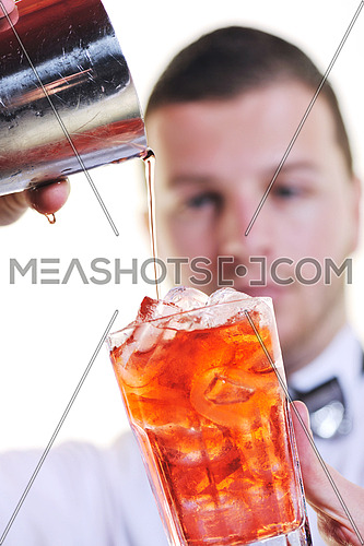 young barman portrait isolated on white background with alcohol coctail drink