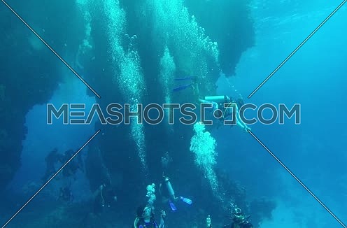 Long  shot for scuba divers and hard coral colony underwater at The Red Sea