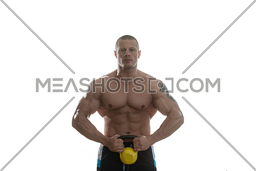 Athletic Man Workout With Kettle Bell Over White Background