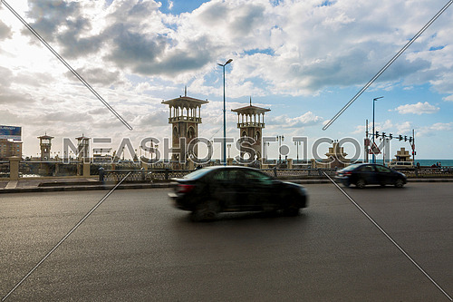 Medium shot for traffic on Stanly Bridge at Alexandria at day