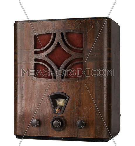Cut Out Still Life Of  an Aged Wooden Analog Radio in Studio with White Background