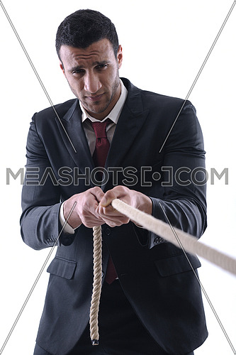 Business man pulling and bond tied with rope  concept  isolated on white background in studio