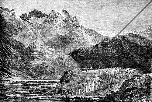 Pelvoux and Ailefroide seen from Mont-Dauphin, vintage engraved illustration. Le Tour du Monde, Travel Journal, (1872).