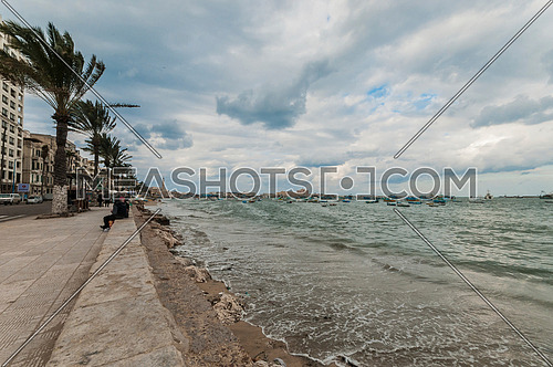 Shot for sea shore showing fishing boats and street at alexandria at day