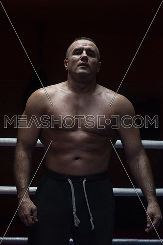 portrait of muscular professional kickboxer who standing in the ring while training for the fight