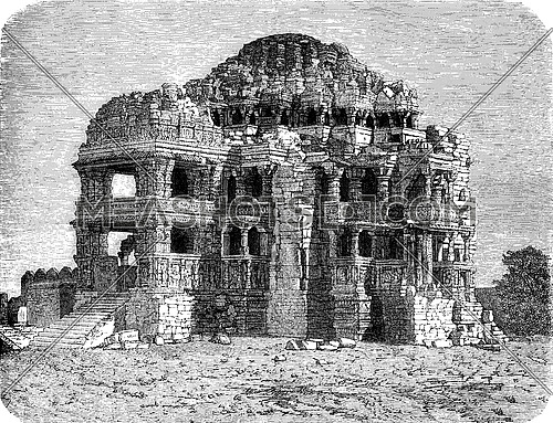 Jain temple of Adinath, Gwalior, vintage engraved illustration. Le Tour du Monde, Travel Journal, (1872).