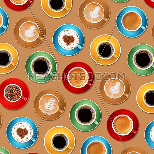 Pattern of different coffee cups (espresso, cappuccino, americano, instant, roasted beans) over beige background