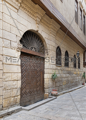 View from Darb Asfour Lane showing part of the facade of Bayt Al-Suhaymi, an old Ottoman era house in Medieval Cairo, Egypt