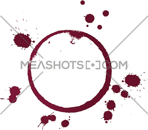 Vector illustration of dry stains of red wine glass or bottle circle rings and blob drops isolated on white background