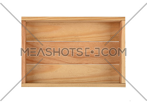 Close up one empty brown wooden box isolated on white background, elevated top view, directly above