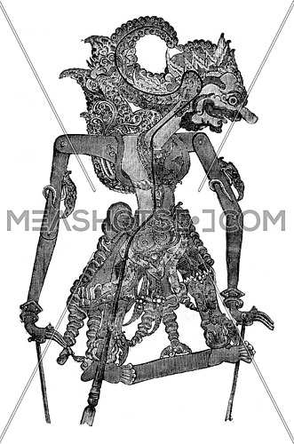 Kamsa, the Wayang-Purwa character, vintage engraved illustration. Magasin Pittoresque 1876.