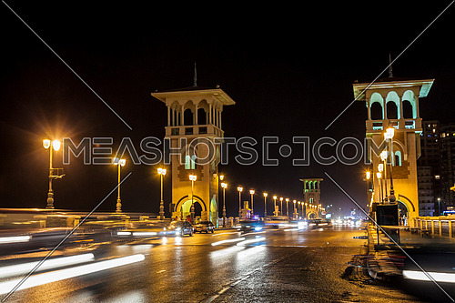 long shot for traffic at Stanly Bridge at Alexandria at Night