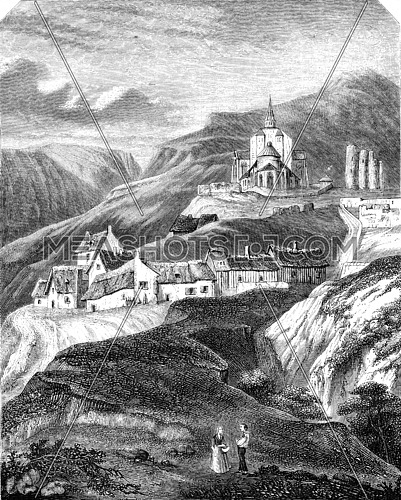 Of the town of Saint Nectaire, department of Puy de Dome, vintage engraved illustration. Magasin Pittoresque 1846.