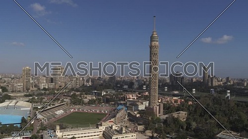 Aerial shot flying over Cairo Downtown showing Cairo Tower during the corona pandemic lockdown by day 10 April 2020.