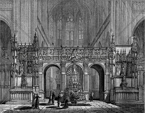 The Rood Screen of the church of Saint-Florentin, Yonne, vintage engraved illustration. Magasin Pittoresque 1880.
