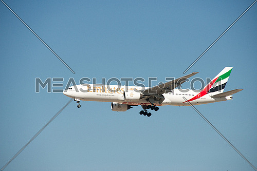 Emirates Airlines Boing 777-200 ER Airplane landing