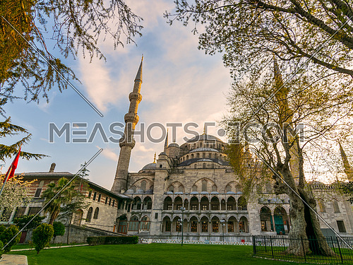 Exterior day shot of Sultan Ahmed Mosque, also known as Blue Mosque, an Ottoman imperial mosque located in Sultan Ahmed Square, Istanbul, Turkey