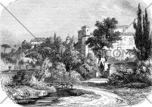 A view of the King Rene gardens, near Aix, vintage engraved illustration. Magasin Pittoresque 1852.
